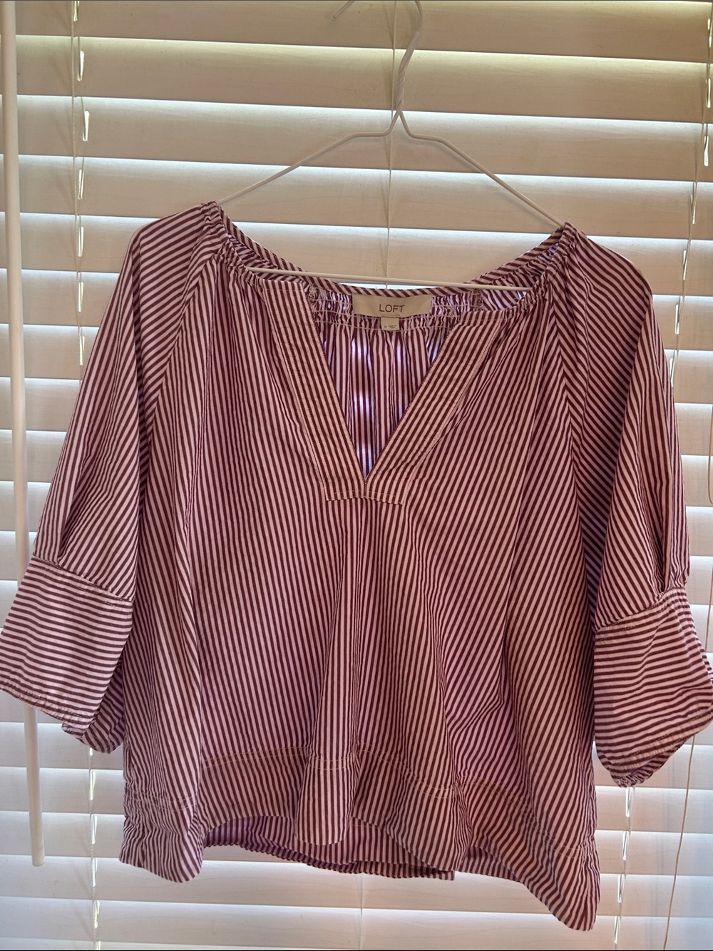 LOFT Pink and White Striped Peasant Top